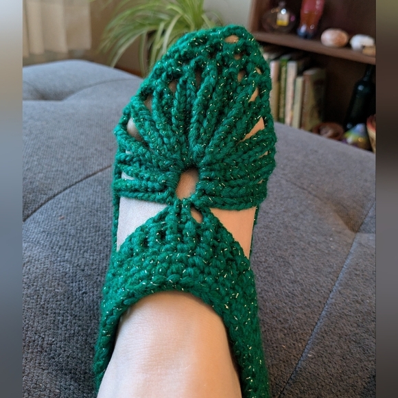 Handmade Knitted Acrylic Yarn Slipper Sandals Pantouffles Forest Green Silver - Picture 5 of 5